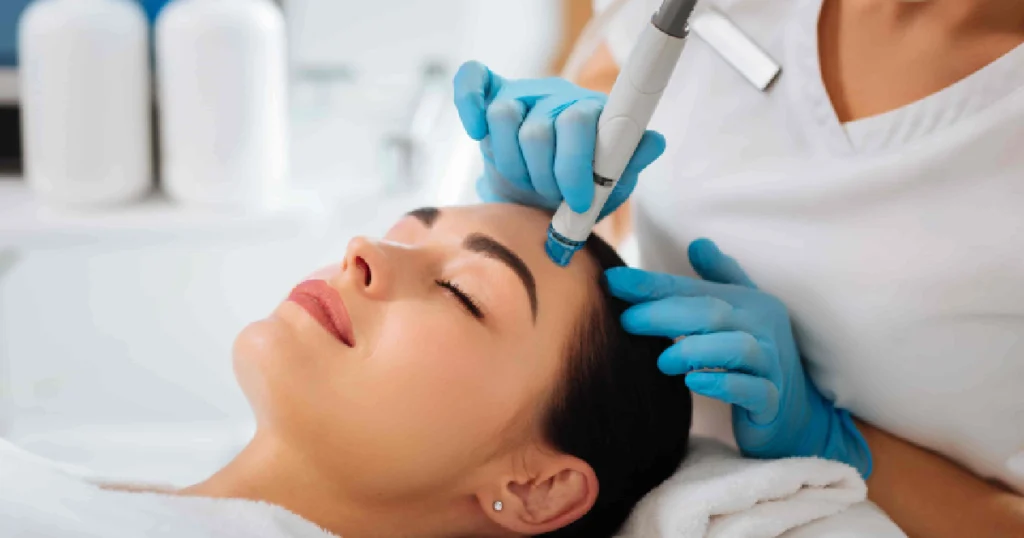 Person with eyes closed lies down with a towel while a professional in blue gloves performs a HydraFacial in Charleston, SC on the forehead.